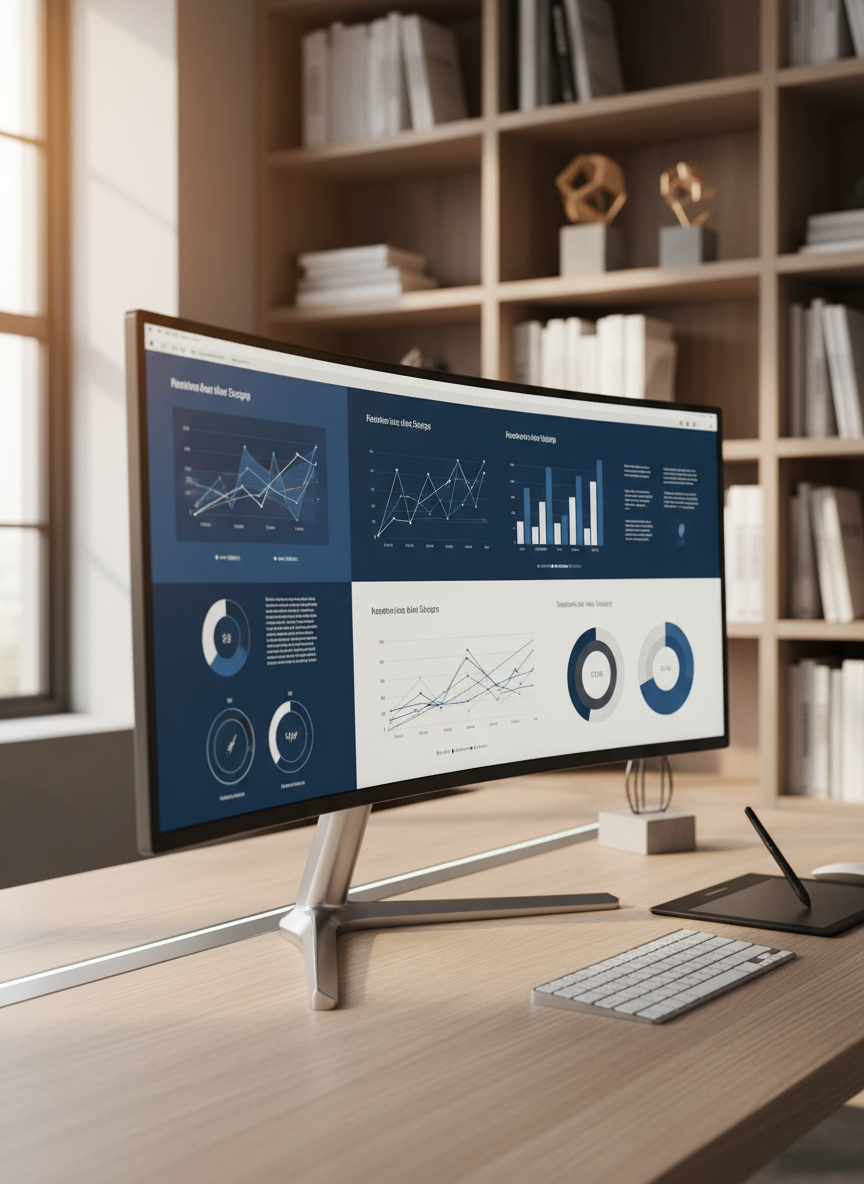 A meticulously organized digital workstation with an ultra-wide curved monitor displaying a complex, beautifully designed data visualization slide: refined line charts, color-coded bars, and circular infographics in a restrained palette of cobalt blue, graphite gray, and white. The monitor sits on a slim, brushed aluminum stand atop a light ash wood desk, beside a wireless keyboard and a stylus tablet. In the background, shelves hold neatly arranged design books and a couple of abstract geometric sculptures, slightly out of focus. Natural daylight from a nearby window blends with soft, cool-toned desk lighting, creating subtle highlights on metallic surfaces. Photographic realism, shot from a three-quarter angle with shallow depth of field, conveys precision, creativity, and the craft of professional presentation design.