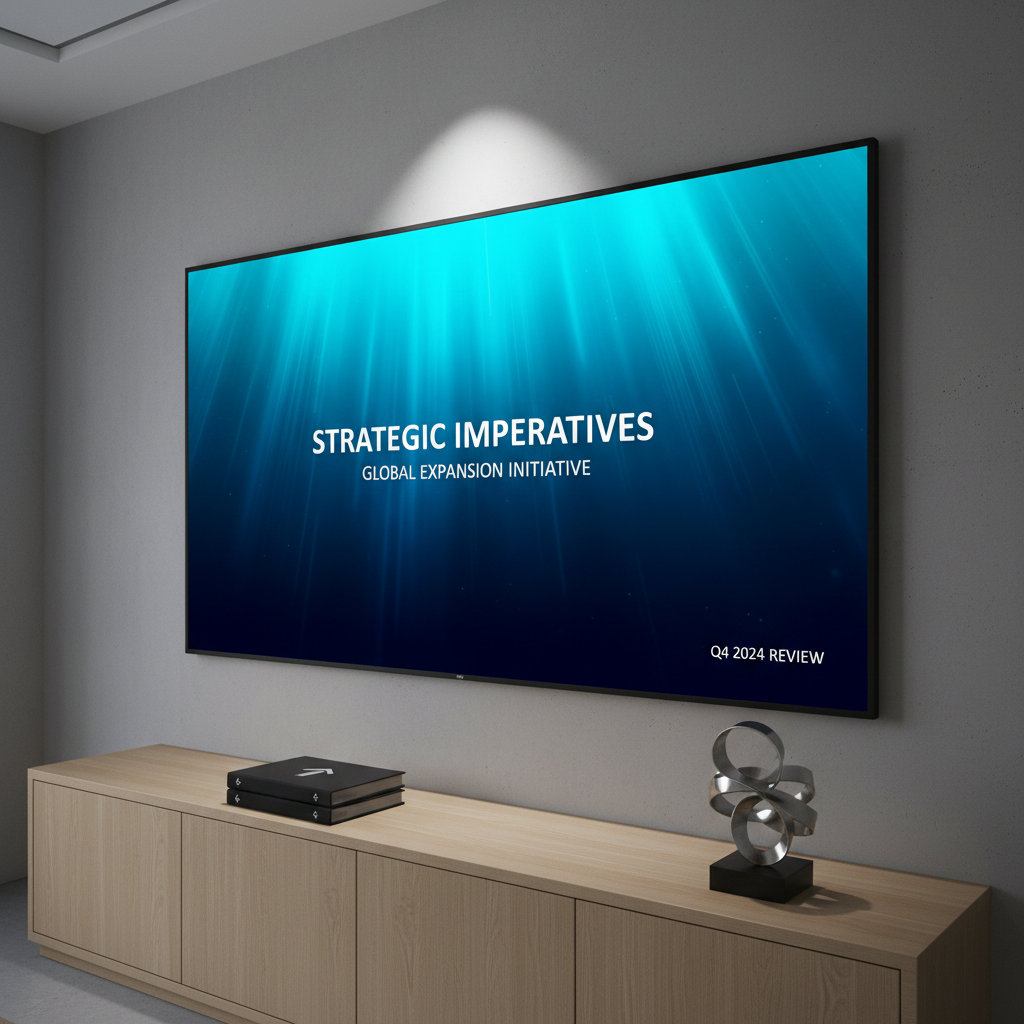 A large, wall-mounted 16:9 widescreen display showcasing a cinematic PowerPoint title slide for a strategy presentation, with a dynamic gradient background in dark navy and electric cyan, crisp typography, and subtle motion blur streaks implying movement. The screen is set in a minimalist boardroom with smooth concrete walls and a light oak sideboard below, holding a few neatly stacked presentation folders and a single sculptural metal object. Soft, directional ceiling lights create a focused pool of brightness on the screen while the room remains slightly darker, emphasizing the content. Captured at eye level with a slight diagonal perspective, the photograph highlights the contrast between the glowing display and the calm, restrained surroundings, exuding clarity, focus, and high-stakes professionalism.