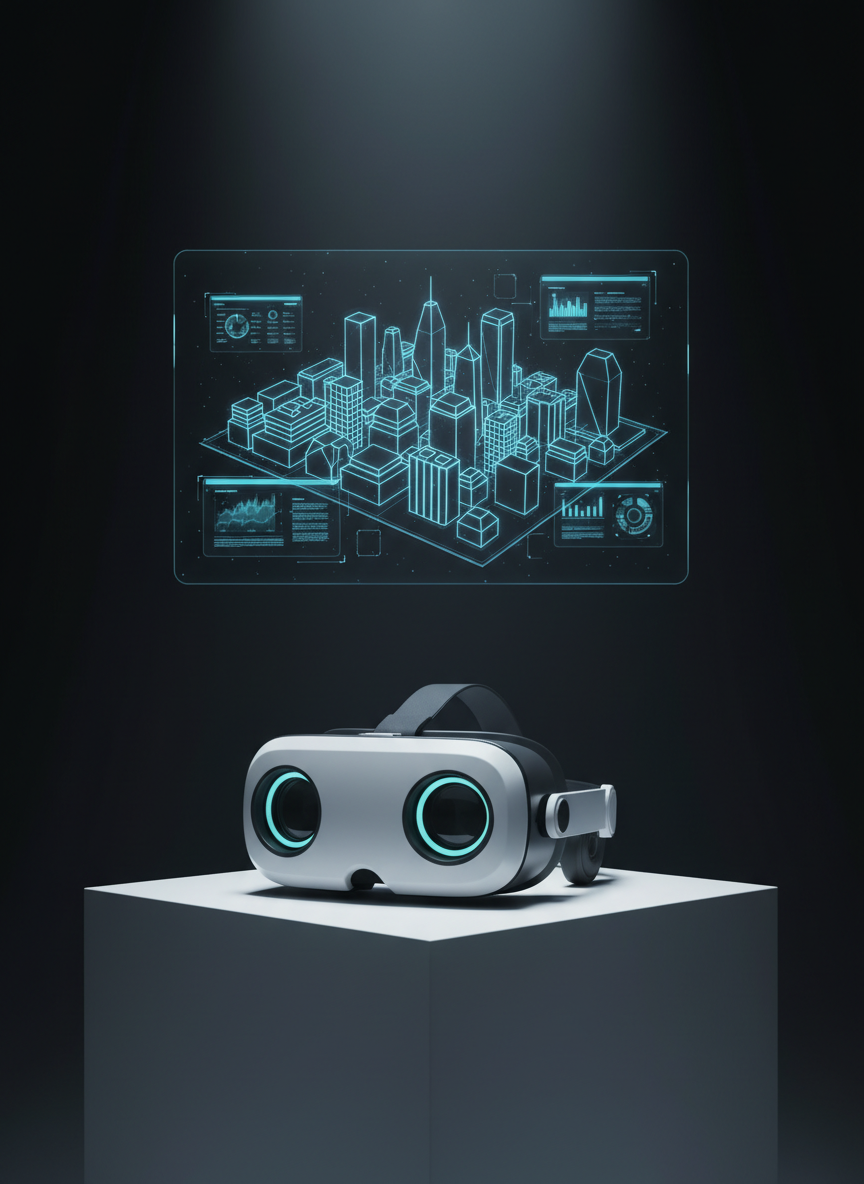 A futuristic VR headset in matte white and charcoal gray resting on a pristine white pedestal, with its lenses subtly glowing in a muted cyan tone, suggesting an active immersive presentation experience. Behind it, a large, semi-transparent holographic-style projection of a 3D city model and floating presentation slides appears to hover in mid-air, rendered with crisp edges and luminous blue accents. The environment is a darkened, minimalist studio with smooth black walls, where controlled, cool spotlighting from above creates dramatic highlights on the headset’s contours and gentle gradients fading into shadow. Photographic realism with a cinematic, low-angle composition emphasizes the headset as the hero object, evoking innovation, immersion, and cutting-edge virtual reality storytelling for business presentations.